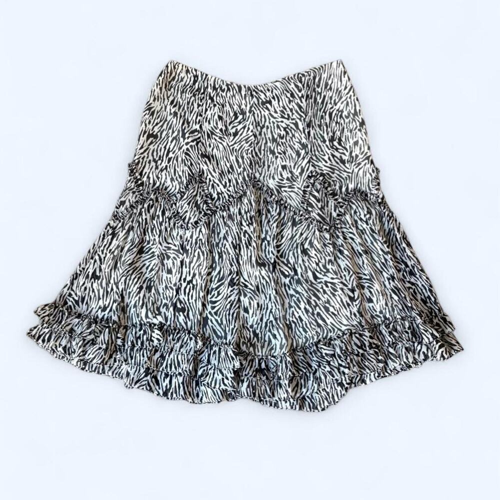 Dana Buchman White and Black Zebra Print 100% Silk Midi Skirt with Ruffles